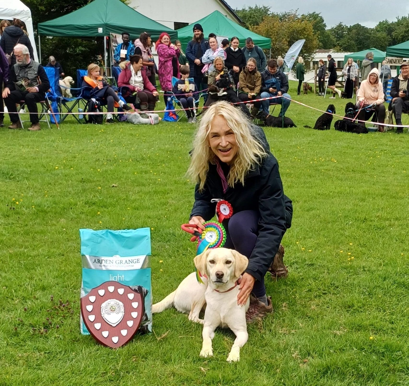Novelty Dog Show 2026 A woman is sat on the grass behind a yellow Labrador, next to a prize at a dog show