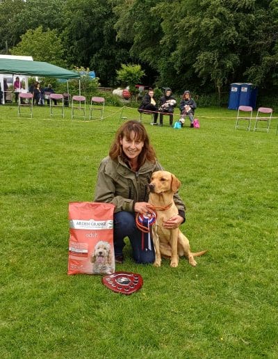 A woman is sat on the grass with a Labrador, next to some prizes at a dog show