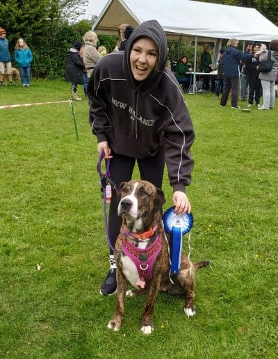 A dog is sat on the grass at a dog show with their owner, who is holding up a rosette and looking happy
