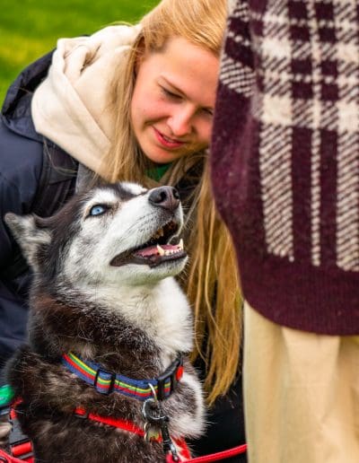 A black and white dog is looking up at someone, while a woman is behind, looking down at them and smiling